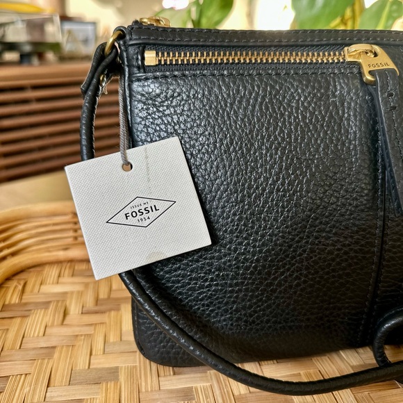 Fossil Black Pebbled Leather Crossbody Bag Double Zip Purse Adjustable Strap - Picture 2 of 10